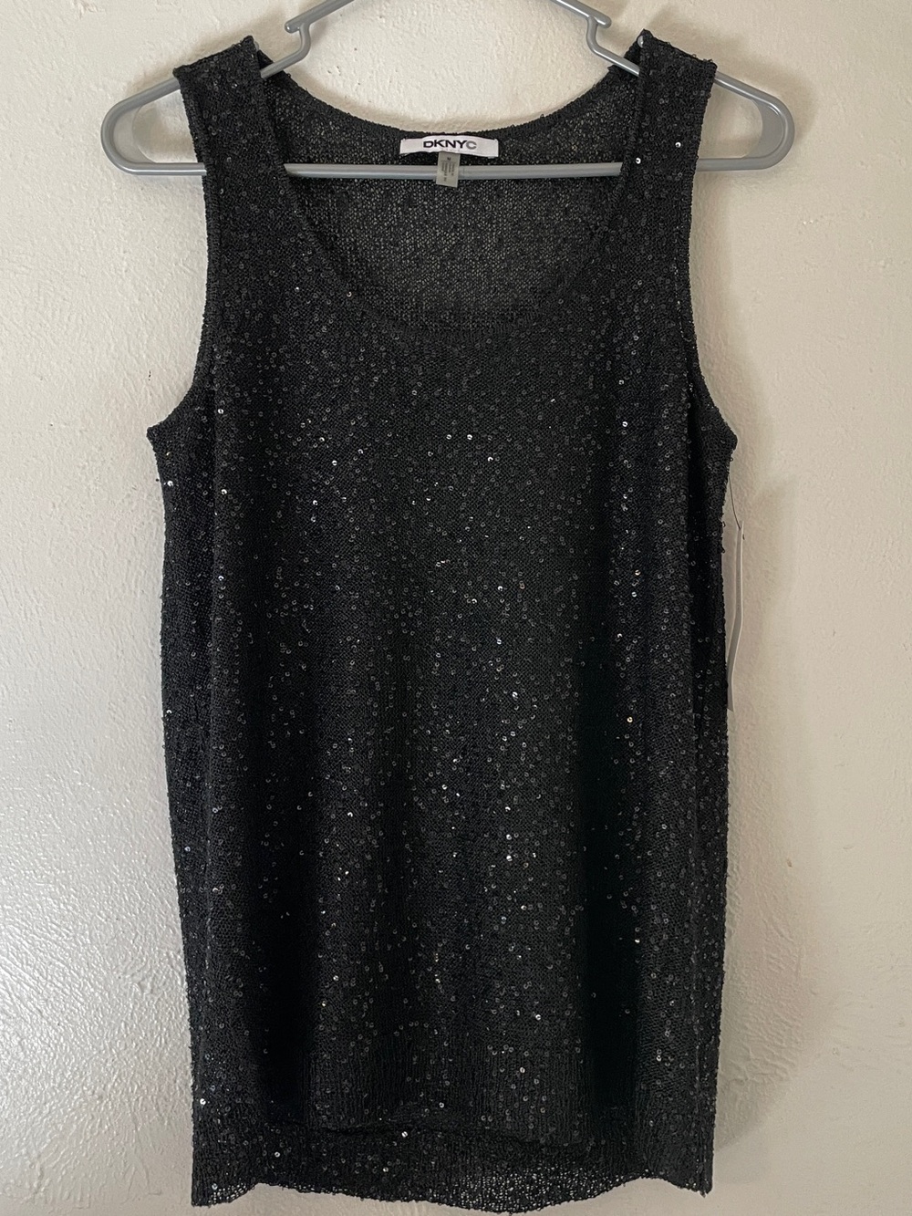 DKNYC Black Sequin Open Knit Scoop Neck Tank Top NWT M